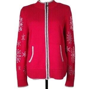 Christopher & Banks Cardigan Sweater Full Zip Snowflakes Mock Neck Red M Holiday